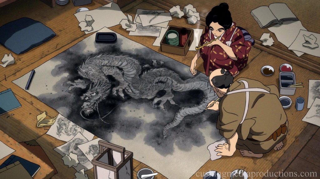 Miss Hokusai เป็นแอนิเมชั่น "ชิ้นแห่งชีวิต" ซึ่งแสดงภาพตัวละครในชีวิตประจำวันของพวกเขาด้วยอารมณ์ที่สดใส มันอาจจะเกิดขึ้นในหนึ่งในยุค